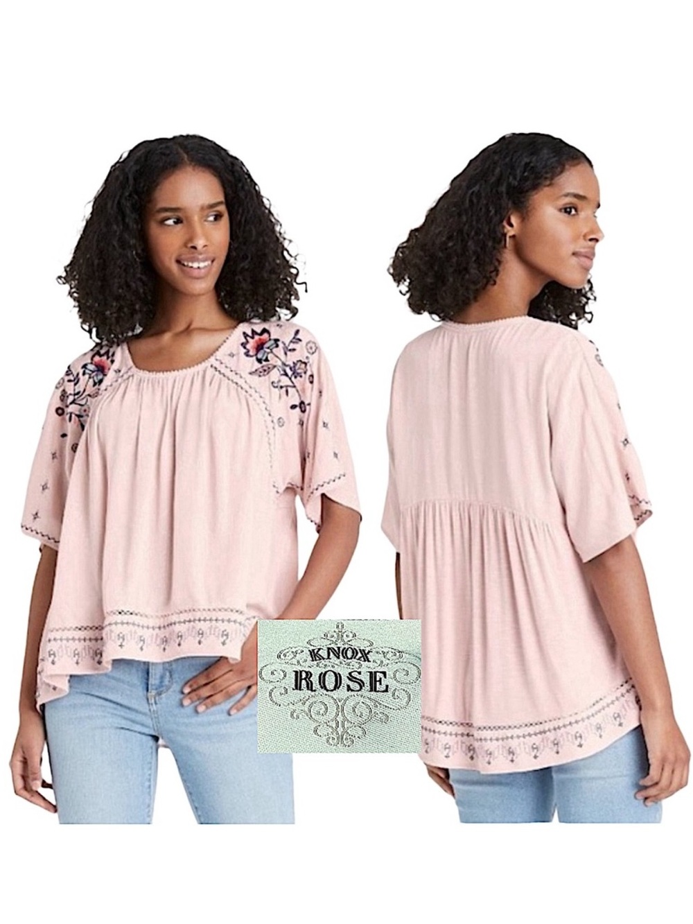 $8 if bundled KNOX ROSE Pink Embroidered Boho Blouse Top Small